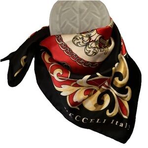 Vecceli Italy Printed Satin Neck Scarf 21.25”x22” Baroque Red Black Gold Square.